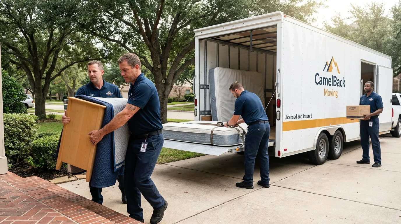 Crew loading residential truck for cross-state move from Oilton, OK