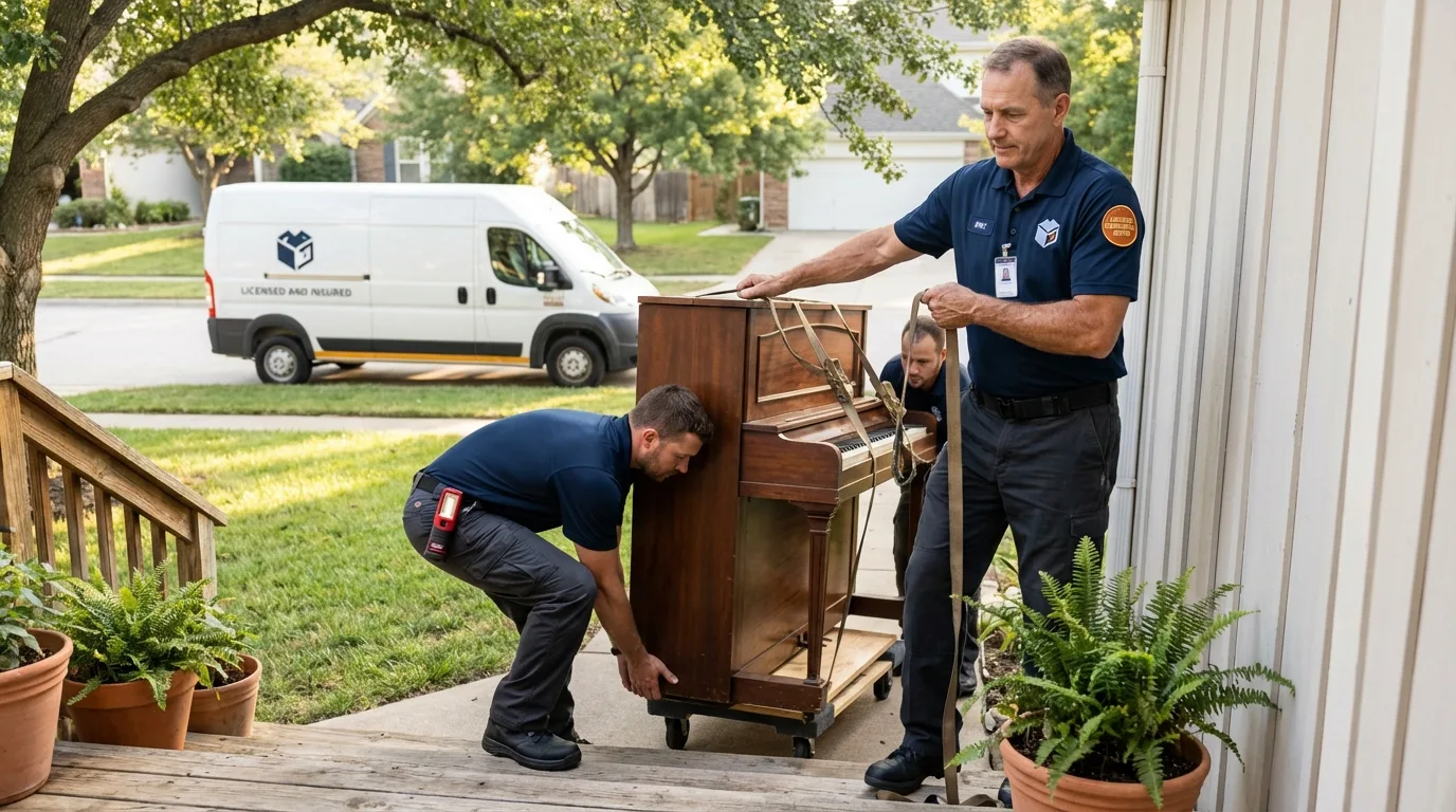 Licensed piano movers securing grand piano in Oilton, OK