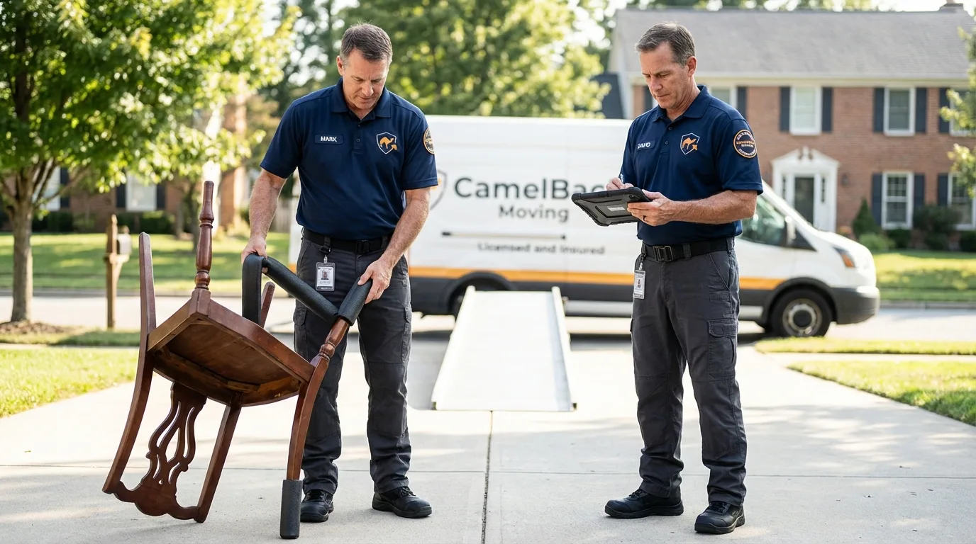 Movers inspecting furniture for damage prevention before loading in Oilton, OK