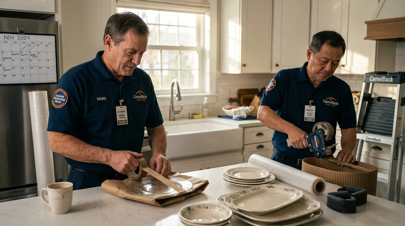 Professional crew packing kitchen dishware in Oilton, OK